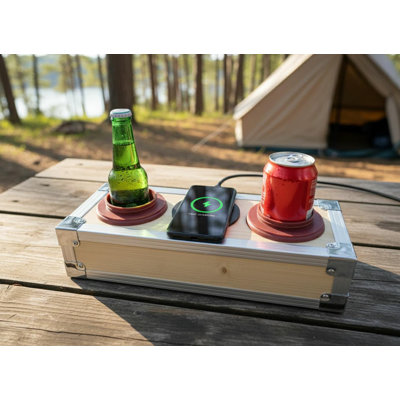 Outdoor Camping Tabletop Organizer with Dual Insulated PU Cup Holders and Wireless Charging Station - Rustic Wood Beverage Caddy for BBQ and Deck Parties