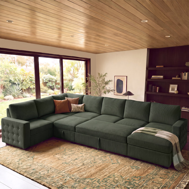 Rundey 135.8in U-Shaped Oversized Sectional Corduroy Sleeper Sofa With Ottoman, Green Corduroy