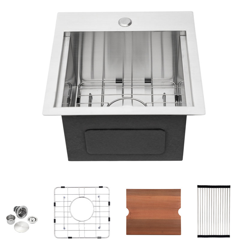 Évier de cuisine en acier inoxydable de 15 po x 15 po, calibre 18, nickel brossé, facile à nettoyer, lavabo simple fonctionnel avec modes interchangeables, forme en X pour le drainage de l'eau, le paquet comprend