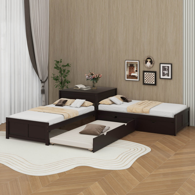 Lit plateforme simple en L avec lit gigogne, bureau et tiroirs, Espresso