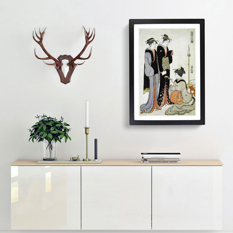 Two Courtesans & a Geisha by Torii Kiyonaga - Picture Frame Painting Print, 65cm H x 48cm W x 2cm D, Black Framed
