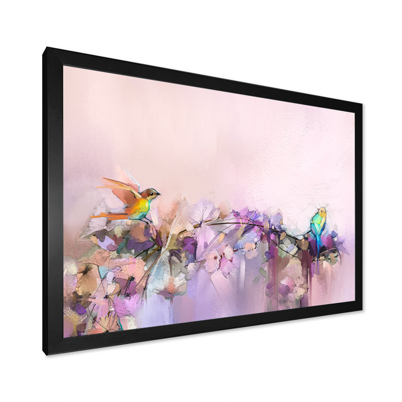 Pinceau, oiseaux mauves et beiges - reproduction encadrée sur toile, H 8 po x l 12 po x P 1 po, Cadre noir