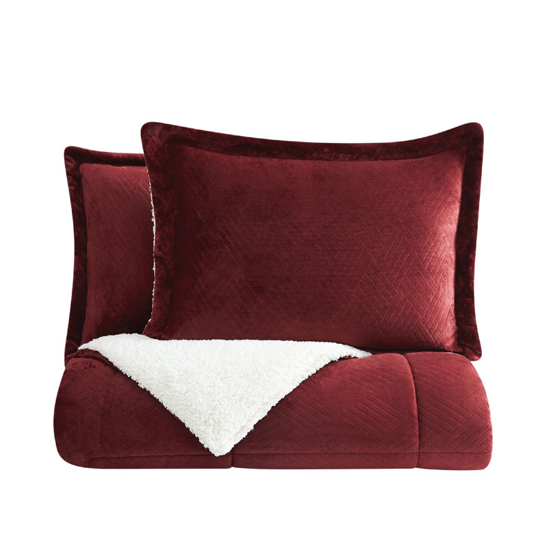 Ensemble d'édredon 3 pièces en fausse fourrure gris, Édredon pour lit simple TG + 1 taie décorative, Rouge