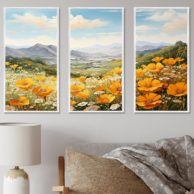 Jaune souci jaune dans un paysage de montagne I - ensemble d'art mural fleurs, Cadre flottant blanc
