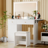 Vanity Desk With Mirror And Lights, Makeup Vanity Table Set With Charging Station & 2 Drawers And Foldable Table Extension Board, Bedroom Dressing Set With Chair, 3 Lighting Colors, White