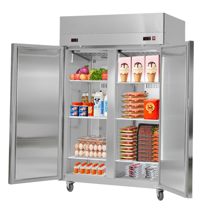Commercial Refrigerator and Freezer Combo, 31.89 in Width Reach In Upright-Freezer Double Door, 31.1 Cu.ft Auto-Defrost Stainless Steel Freezer with 8 Adjustable Shelves, LED Light, 4 Wheels