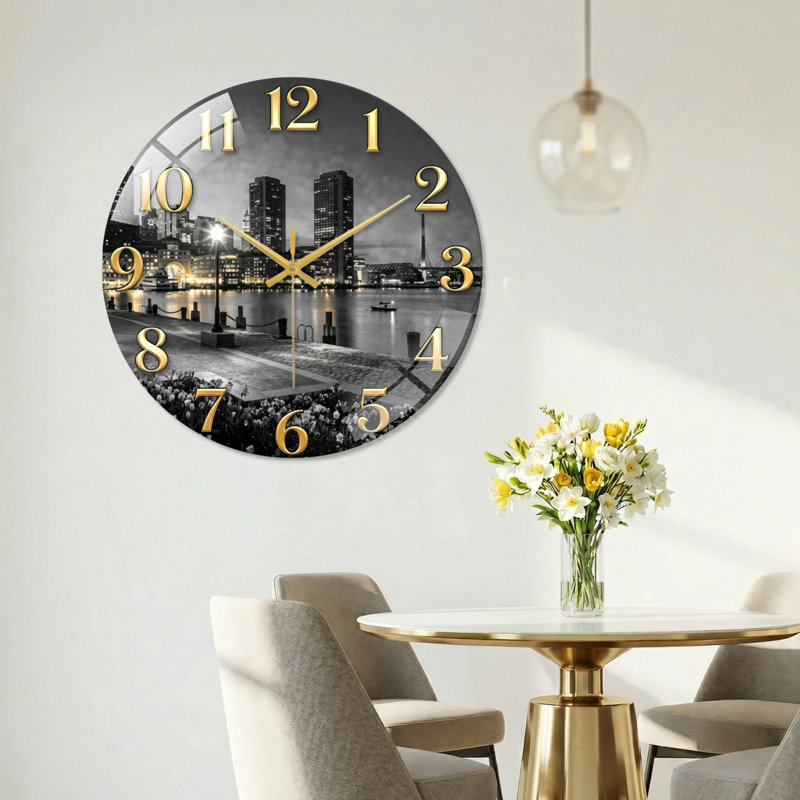 Horloge murale décorative moderne en verre City Night, 60 x 60 cm (23,6 x 23,6 pouces)