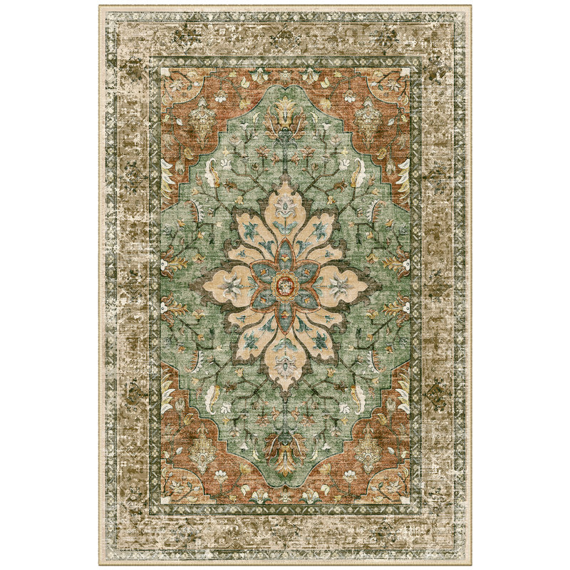Sunflower Vintage Medallion Print Area Rug Non-Slip Machine Washable Low Pile for Living Room Bedroom, Brick/Brown/Green