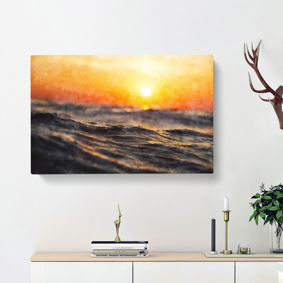 Orange Sunset Above the Waves - Wrapped Canvas Painting Print