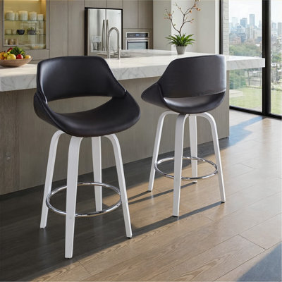 Fixed-Height Counter Stool with Swivel in White Wood and Black Faux Leather with Round Chrome Footrest - Set of 2