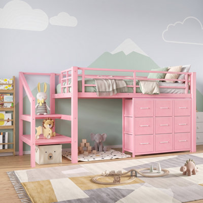 Twin Low Loft Bed with Reversible Storage Stairs, 9-Drawer Fabric Storage Organizer, Fabric Bedside Storage and LED Lights