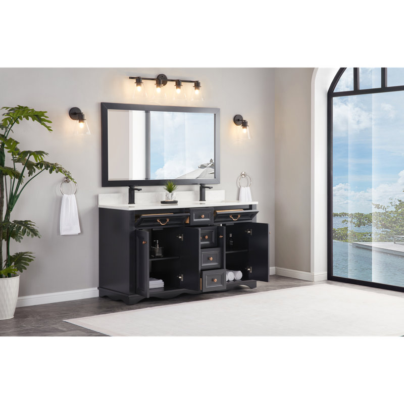 60" Solid Wood Sink Vanity  With 1' Artificial Stone Top, Tricorn Black