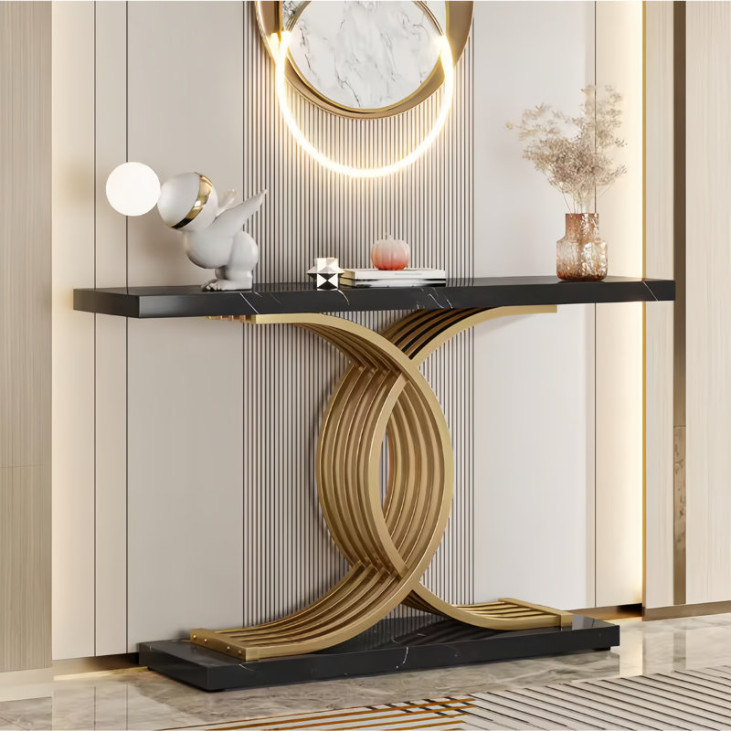 Console 43 po moderne étroite, table d'entrée noire et dorée avec pieds en métal entrelacés, table d'appoint pour le couloir