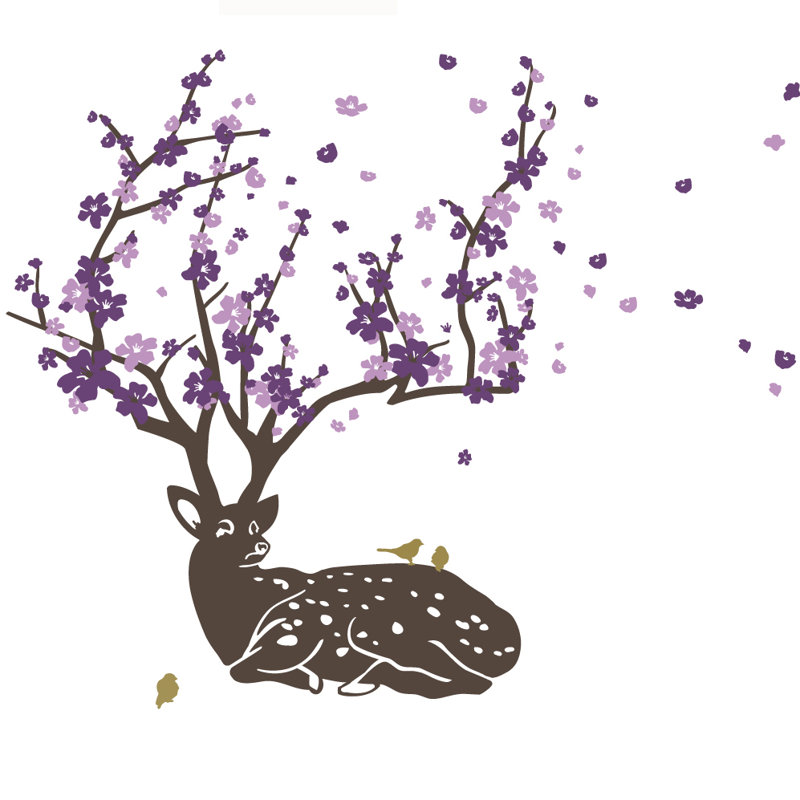 Décalcomanie murale cerf fleur de cerise, Brun Foncé / Violet / Lilas, 33" H x 28" lx 0.01" D