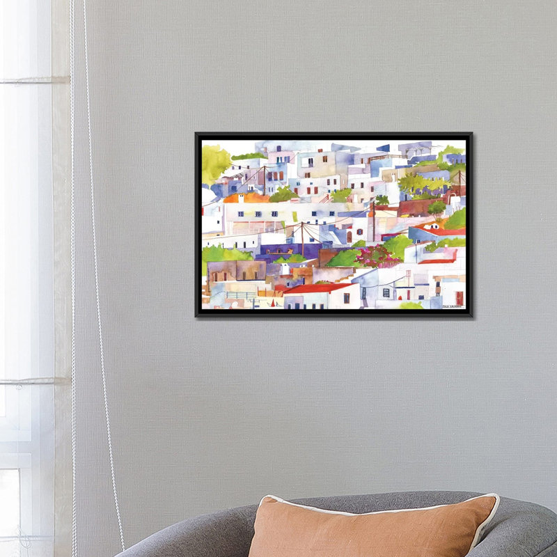 «Lindos» par Maja Wronska, impression sur toile, H 18 po x l 26 po x P 1,5 po, Toile avec cadre noir, Pas de tapis