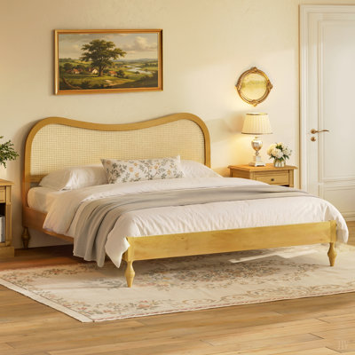 Cadre de lit plateforme de style Mid-Century moderne avec tête de lit courbée en rotin, lit de style scandinave naturel Boho, lit pour la chambre à coucher, aucun sommier nécessaire