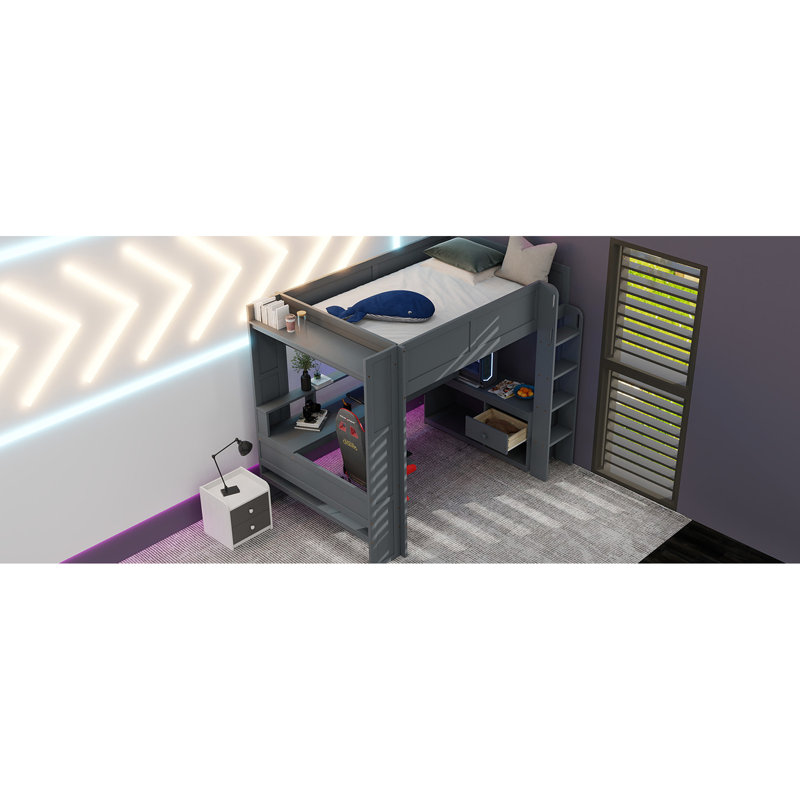 Lit mezzanine en bois avec bureau, rangement multiple, DEL, tablettes pleine grandeur gris foncé