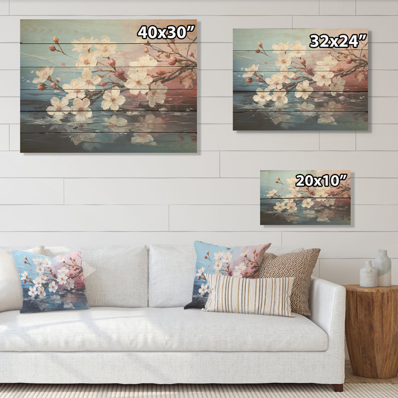 Magnifique fleur de pommier - champ de fleurs, art mural sur bois de pin naturel, H 30 po x l 40 po