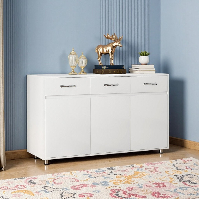Montelle White Three Doors Buffet Side Table - Versatile Storage Cabinet, White