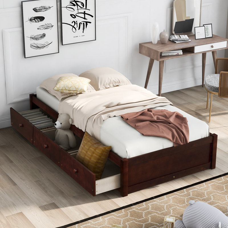 Structure de lit simple avec 3 tiroirs Chesterland, Brun