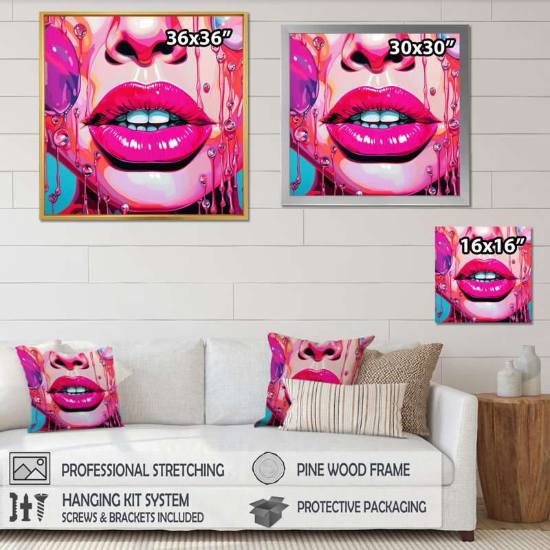 Popart Graceful Pink Lips I - mode femme, art mural, H 16 po x l 16 po x P 1 po, Cadre flottant blanc