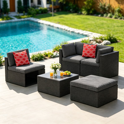 5-Piece Wicker Patio Furniture Set, Outdoor PE Rattan Sectional Sofa with Cushions & Coffee Table, Modular Conversation Set for Backyard Porch Balcony, Gray