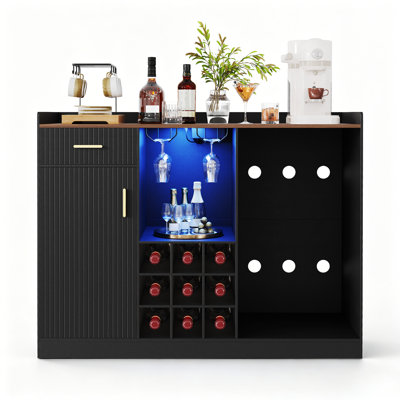Coffee Bar Cabinet with Fridge Space, Fluted Wine Bar Cabinet with Glass Holder, Power Outlet & LED Light, Buffet Sideboard with Storage for Home Bar, by Ebern Designs