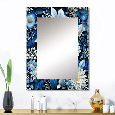 Alveta russe bleu et blanc fleurs reflets - miroir décoratif botanique, miroir mural bohème, impression d'art en métal