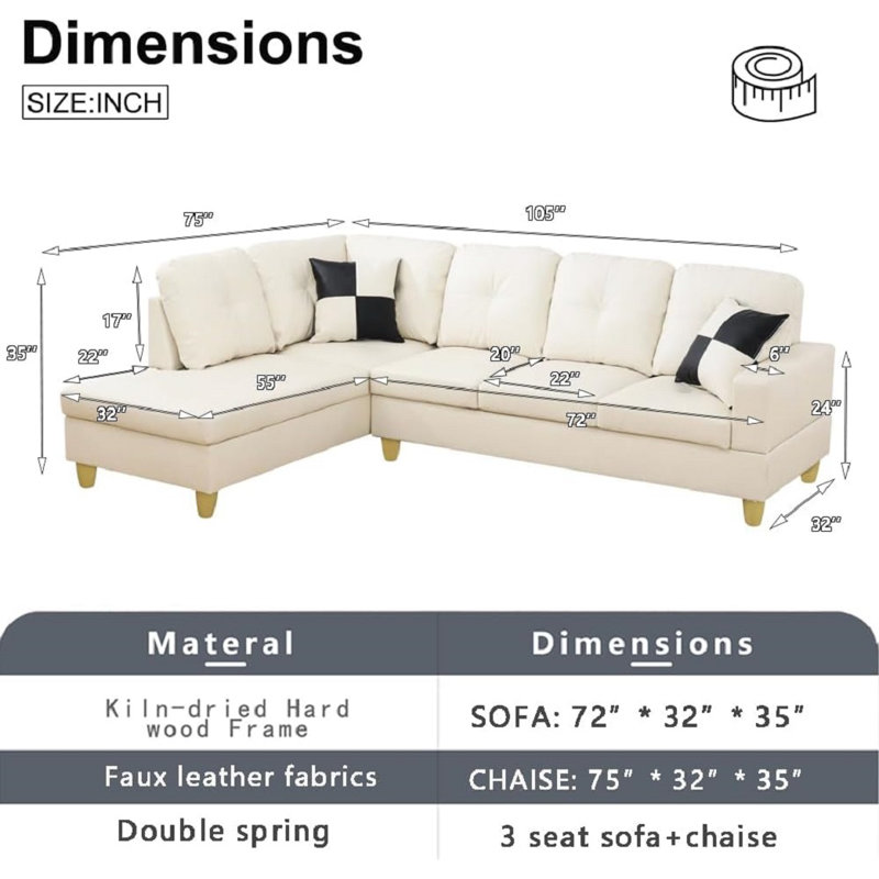 Bawan Faux Leather L-Shaped Sectional, Left Hand Facing, White Faux Leather
