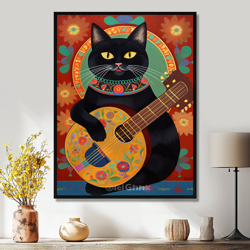 Chat noir boho jouant de la guitare - art mural chat, H 20 po x l 12 po x P 1 po, Toile avec cadre noir