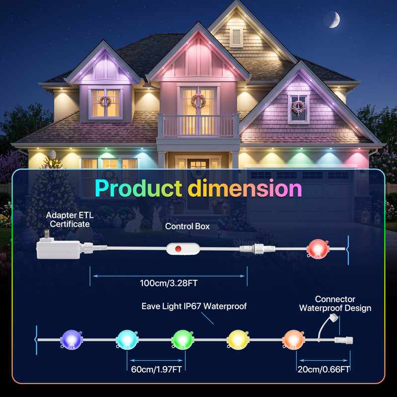 Lumières DEL RVBIC RVB pour l'extérieur permanent, éclairage de toit intelligent avec application, télécommande, commande vocale Alexa et Google, synchro musicale, effets de lumière triangulaires