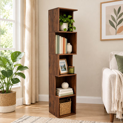 This freestanding dark-brown cube bookcase offers 5 open cubes across 5 tiers and an eco-friendly melamine surface, with vintage styling for a study, bedroom, living room, or home office.