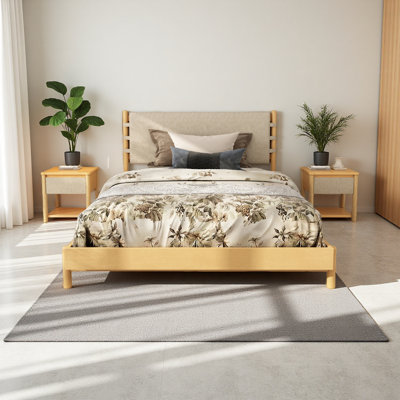 Ensemble de base de lit moderne avec 2 tables de chevet, lit plateforme en bois avec tête de lit et tables de chevet assorties pour la chambre à coucher