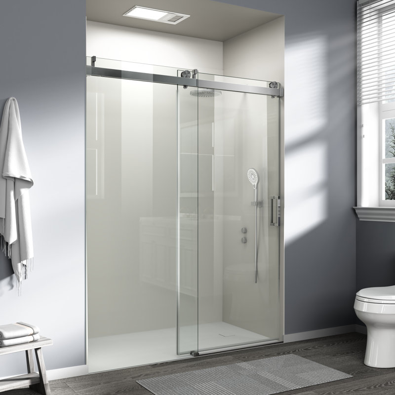 56“-60” W x 76“ H Single Sliding Frameless Shower Door Soft-Close with 3/8" (10mm) Explosion-Proof Tampered Glass, Buffer Function
