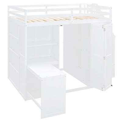 Full Size Loft Bunk Bed with Wardrobe, Desk, Shelves & Foldable Doors, Modern Space-Saving Bedroom Furniture,White