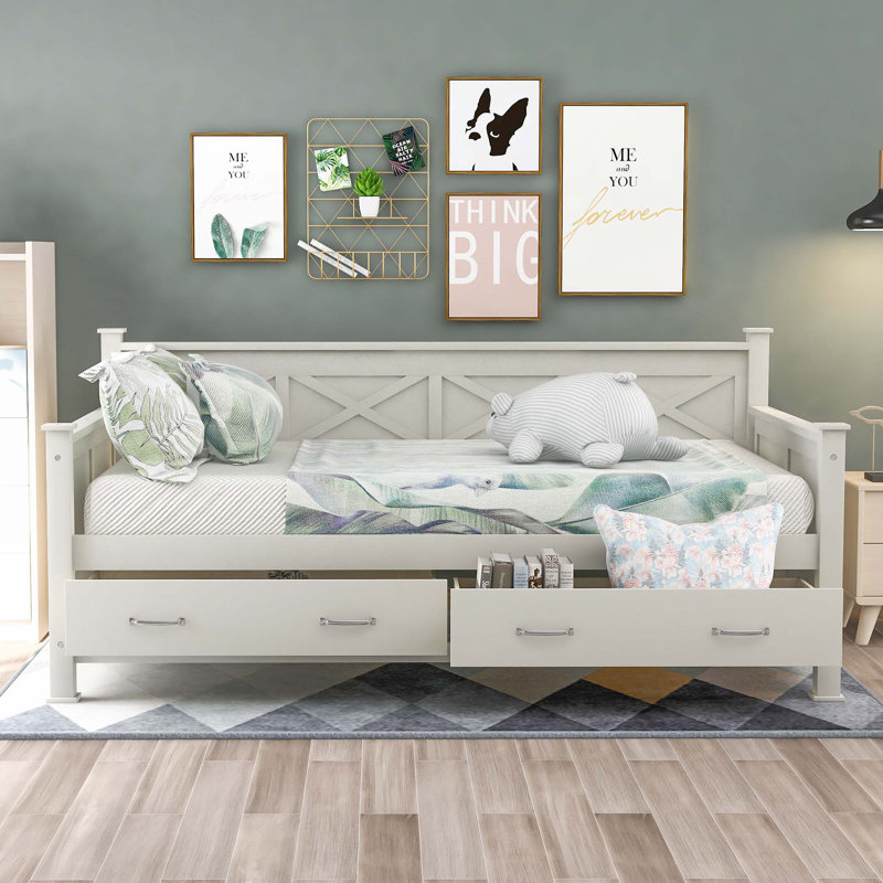 Lit de jour simple en bois de style décontracté moderne et rustique, Blanc, crème