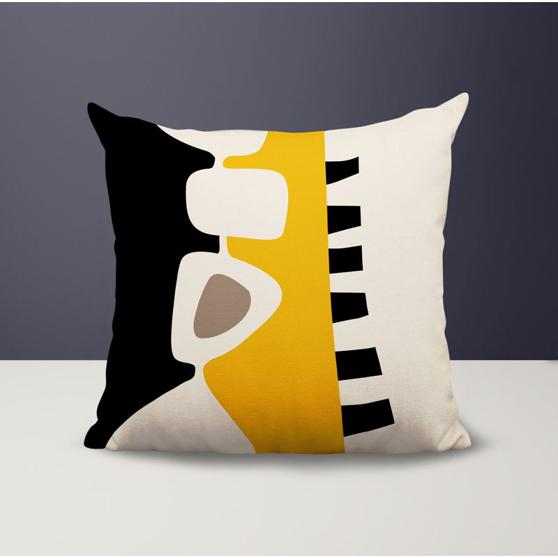Oreiller carré réversible intérieur / extérieur Kanai, H 15 po x l 15 po, Jaune / noir / blanc cassé abstrait