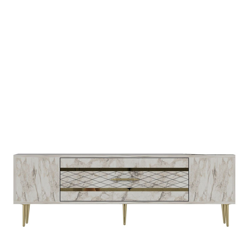 Catena Elegant TV Stand with Ephesus Marble & Gold, 59.1 x 19.0 x 13.8 inches | 100% Melamine Coated Particle Board, Wall-Mountable | Stylish & Functional Design for Modern Living Rooms, Supports Organized Entertainment