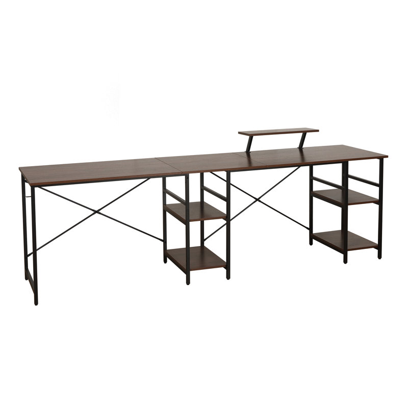 Bureau industriel en L avec tablettes de rangement, noyer Techni Mobile