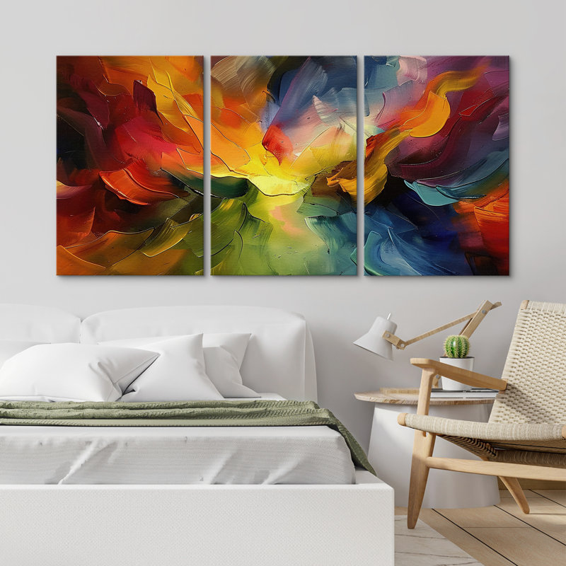 "Colorful Abstract Pastel Strokes Bright", ensemble de 3 reproductions d'art sur toiles plates encadrées, Toile tendue