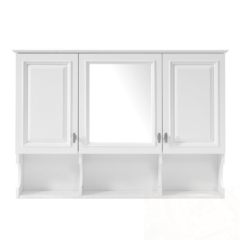 Armoire à pharmacie à miroir avec tablettes ouvertes et poignées en métal, Blanc