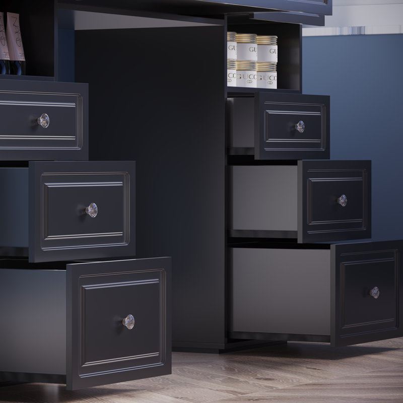 Modern Black Vanity Set with Lighted Mirror & 9 Drawers