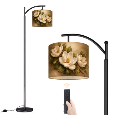 Arc Floor Lamp with Adjustable Lampshade Elegant White Magnolia Flowers Green Leaves Branch Realistic Botanical Standing Lamp 3 Color Temperatures Dimmable Tall Pole Lamp with Foot Switch for Bedroom