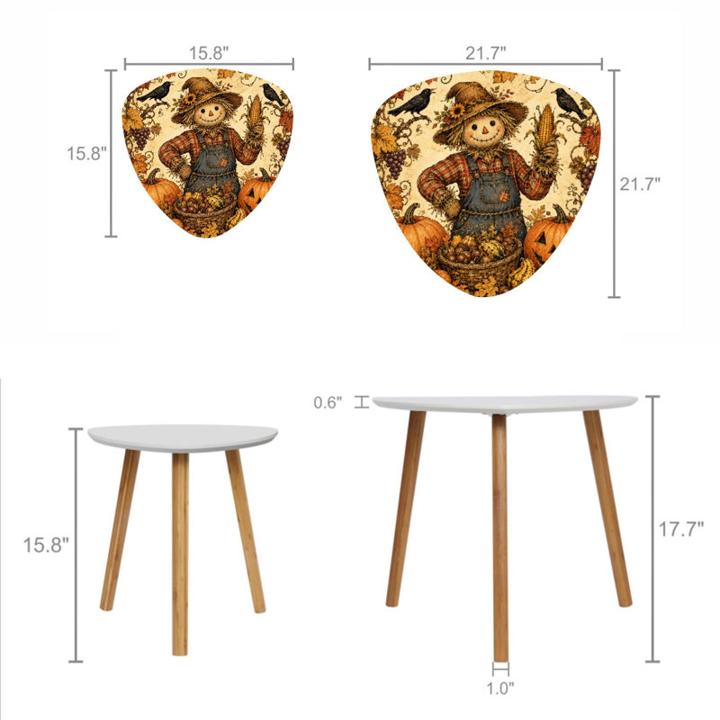 Ensemble de 2 tables basses gigognes triangulaires modernes, motif épouvantail joyeux entouré de récoltes d'automne, style milieu du siècle, petites tables d'appoint pour salon, chambre, appartement, décoration intérieure