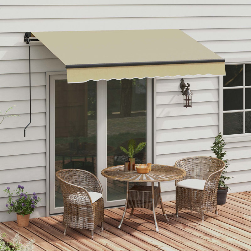 Outsunny Polyester Cover Retractable Patio Awning, Beige, Solid Color, 116.1" W x 97.2" D
