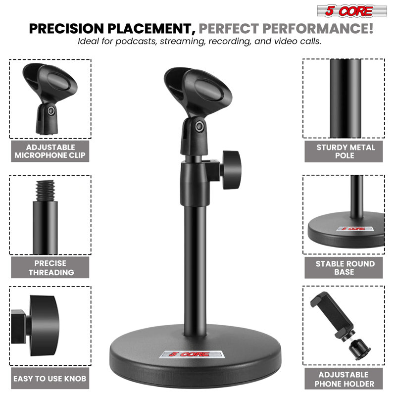 5 Core Mic Stand 3 in 1 Desktop Microphone Stands Adjustable Table Microfono Holder w Phone Clamp