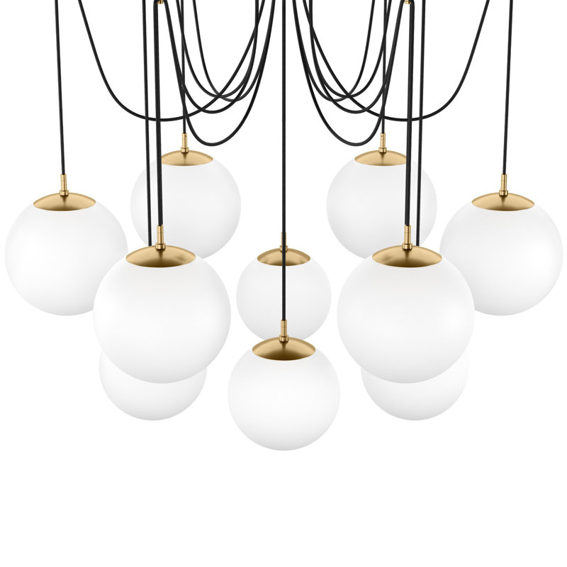Spider 13 - Light Chandelier, Opal Matte Glass, Burnished Brass