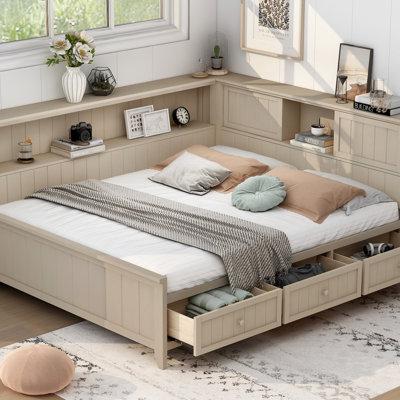 Lit de jour pleine grandeur en bois avec tablettes de rangement et 3 tiroirs, lait blanc antique