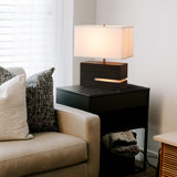 Lampe de table inclinable Zen avec veilleuse - 20 po, finition en bois d'ébène doré, laiton vieilli, abat-jour en lin blanc, interrupteur à 4 voies