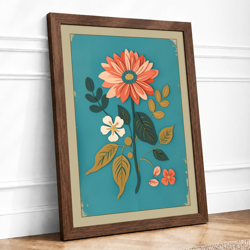 Coral Bloom Folk Art Botanical - Framed Print, Walnut, A3 - 42.0 x 29.7 cm